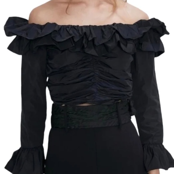 NWT Zara Bardot Black Off Shoulder Ruffle Ruched Crop Long Sleeve Top - Picture 2 of 8